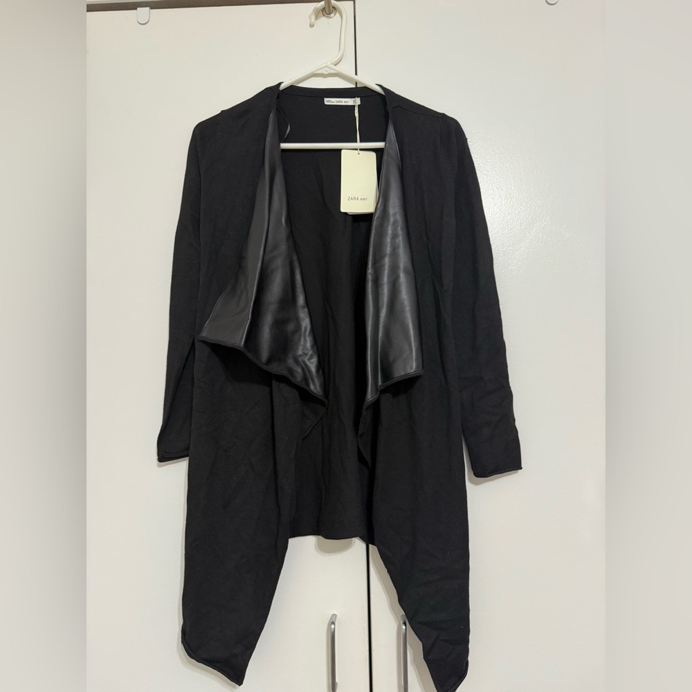 Zara Black Open-Front Women's sweater with faux leather lapels